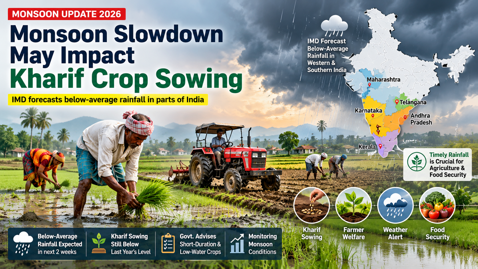 Monsoon Slowdown May Impact Kharif Crop Sowing as IMD Forecasts Below-Average Rainfall in Parts of India